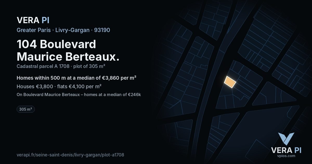 104 Boulevard Maurice Berteaux, Livry-Gargan at night – the plot lit, the parcels around coloured by the prices near them