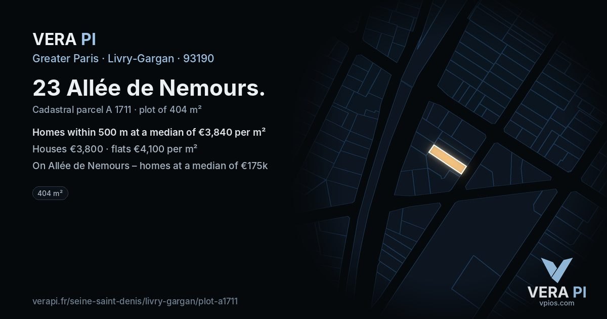 23 Allée de Nemours, Livry-Gargan at night – the plot lit, the parcels around coloured by the prices near them