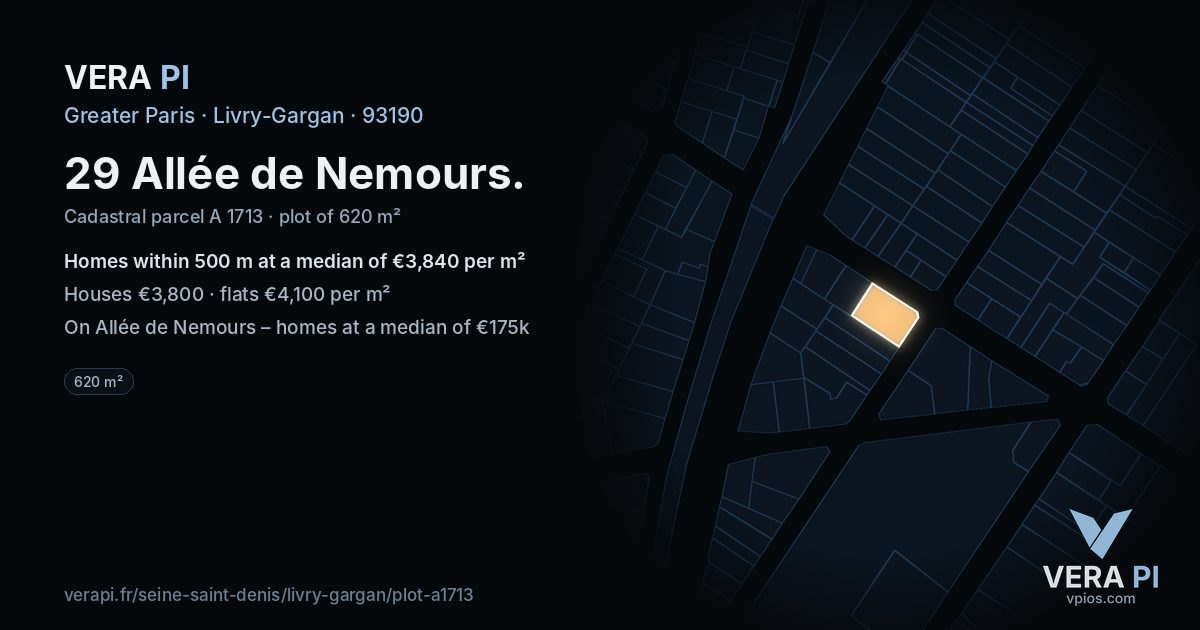 29 Allée de Nemours, Livry-Gargan at night – the plot lit, the parcels around coloured by the prices near them