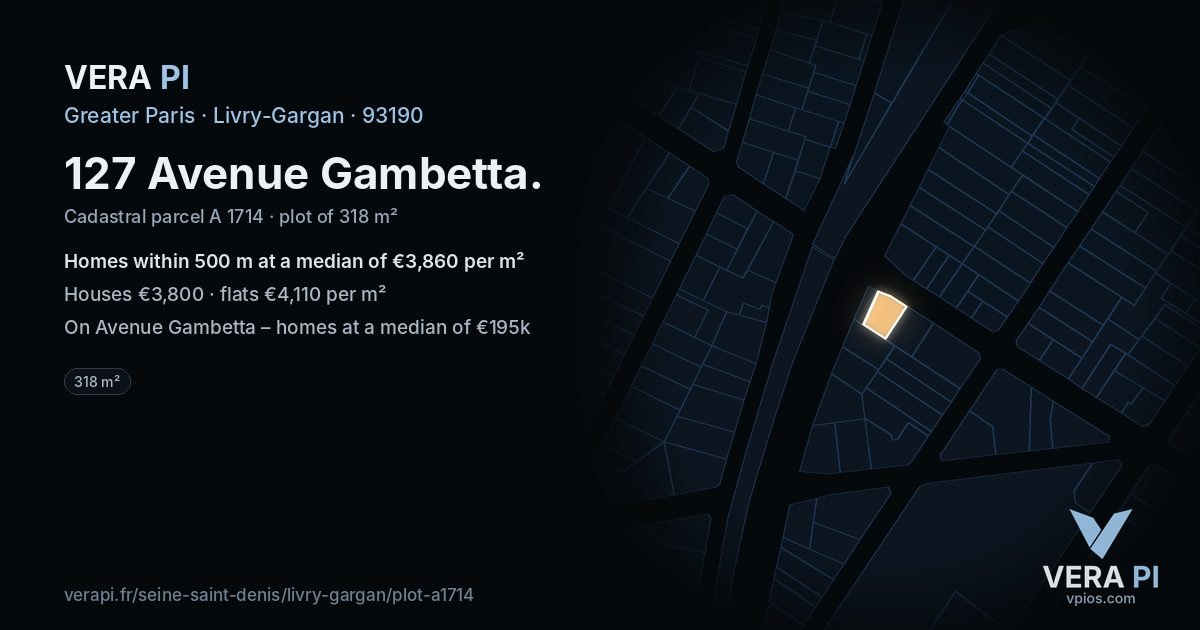 127 Avenue Gambetta, Livry-Gargan at night – the plot lit, the parcels around coloured by the prices near them