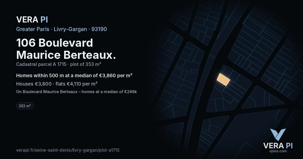 106 Boulevard Maurice Berteaux, Livry-Gargan at night – the plot lit, the parcels around coloured by the prices near them