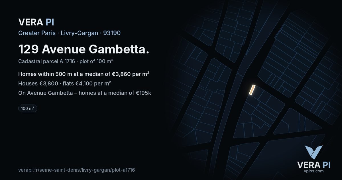 129 Avenue Gambetta, Livry-Gargan at night – the plot lit, the parcels around coloured by the prices near them