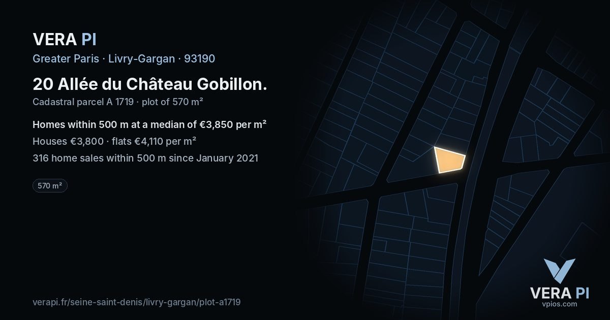 20 Allée du Château Gobillon, Livry-Gargan at night – the plot lit, the parcels around coloured by the prices near them