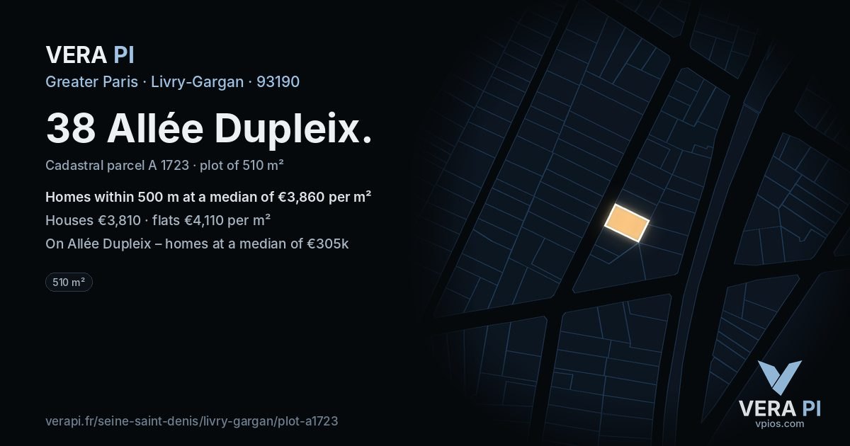 38 Allée Dupleix, Livry-Gargan at night – the plot lit, the parcels around coloured by the prices near them