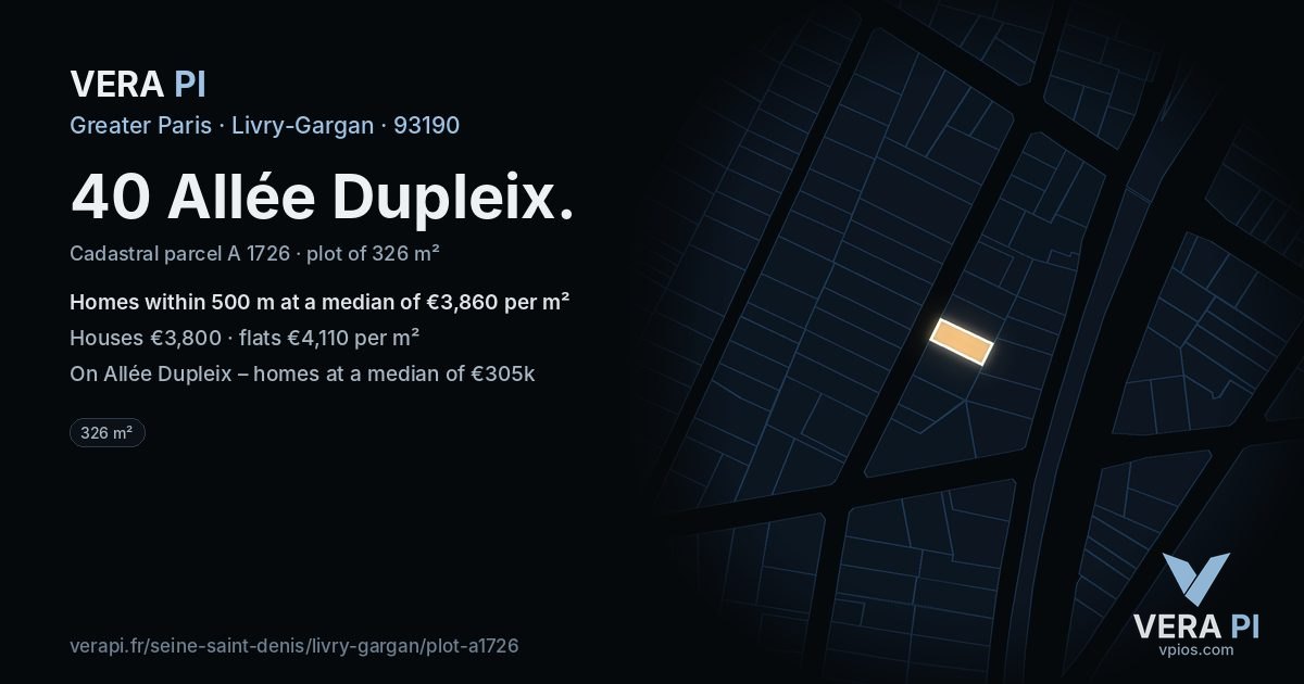 40 Allée Dupleix, Livry-Gargan at night – the plot lit, the parcels around coloured by the prices near them