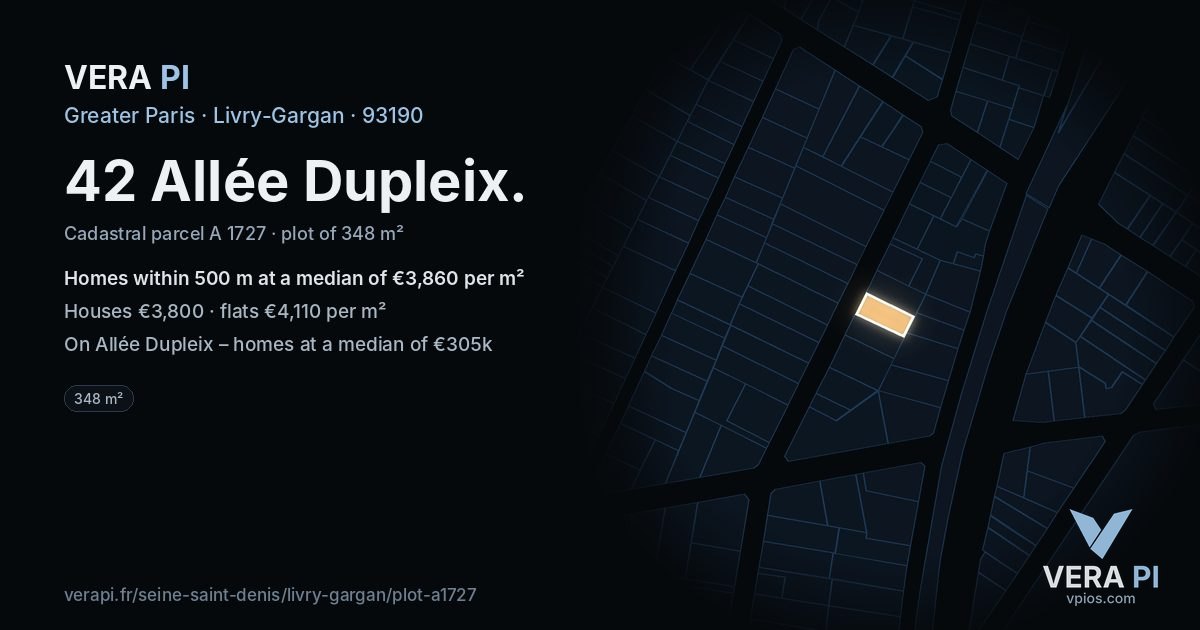 42 Allée Dupleix, Livry-Gargan at night – the plot lit, the parcels around coloured by the prices near them