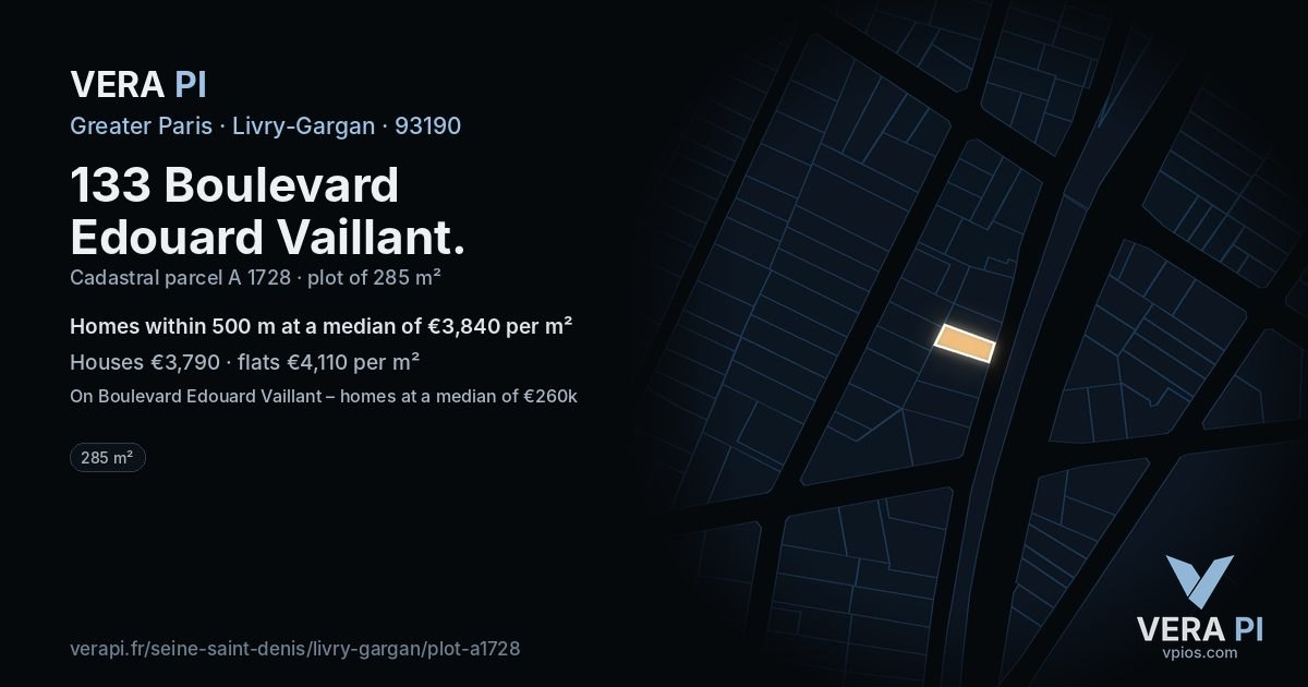 133 Boulevard Edouard Vaillant, Livry-Gargan at night – the plot lit, the parcels around coloured by the prices near them