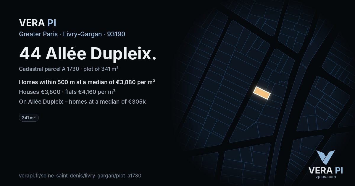 44 Allée Dupleix, Livry-Gargan at night – the plot lit, the parcels around coloured by the prices near them