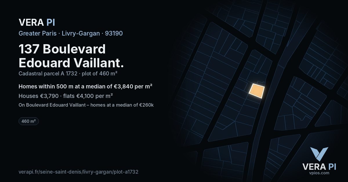137 Boulevard Edouard Vaillant, Livry-Gargan at night – the plot lit, the parcels around coloured by the prices near them