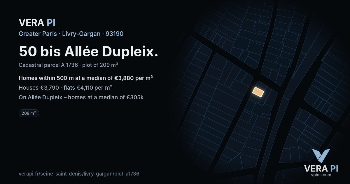 50 bis Allée Dupleix, Livry-Gargan at night – the plot lit, the parcels around coloured by the prices near them