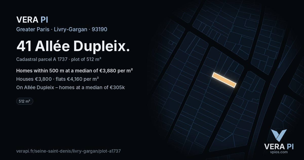 41 Allée Dupleix, Livry-Gargan at night – the plot lit, the parcels around coloured by the prices near them