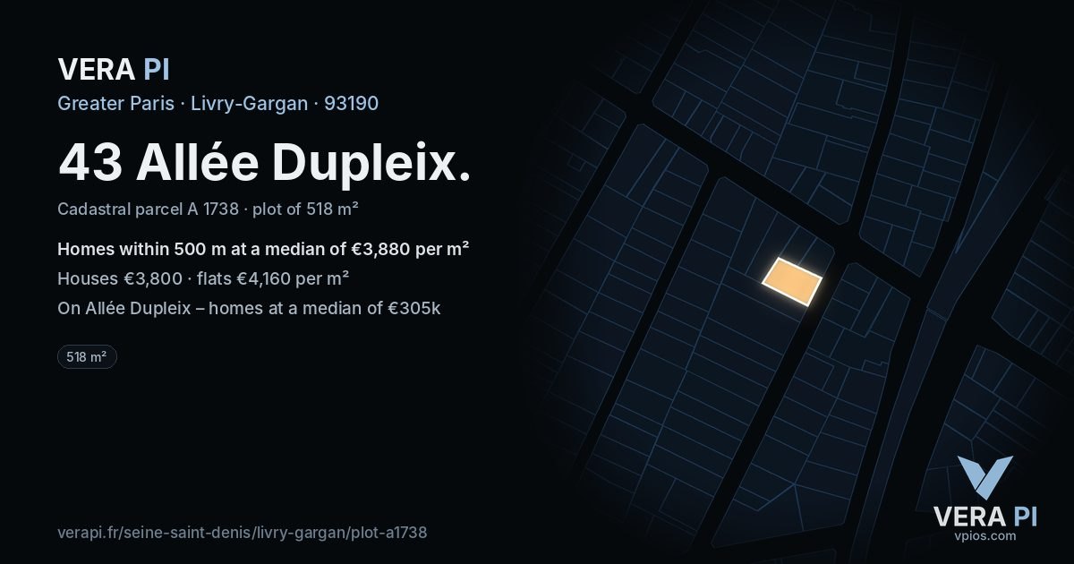 43 Allée Dupleix, Livry-Gargan at night – the plot lit, the parcels around coloured by the prices near them