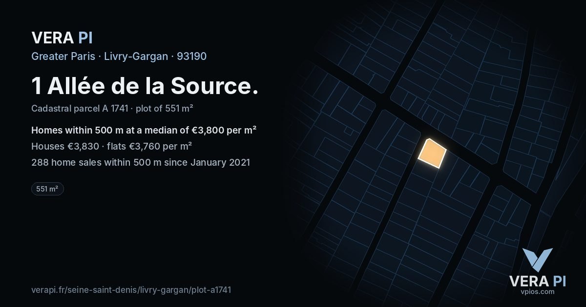 1 Allée de la Source, Livry-Gargan at night – the plot lit, the parcels around coloured by the prices near them