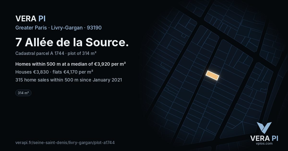 7 Allée de la Source, Livry-Gargan at night – the plot lit, the parcels around coloured by the prices near them