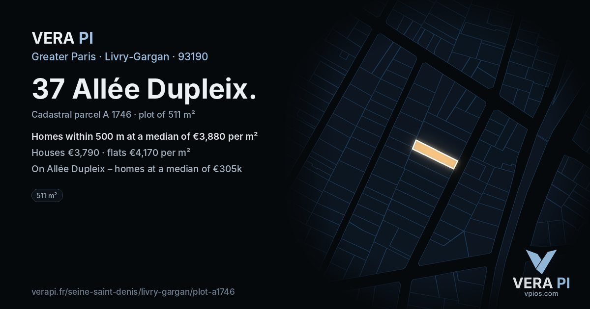 37 Allée Dupleix, Livry-Gargan at night – the plot lit, the parcels around coloured by the prices near them