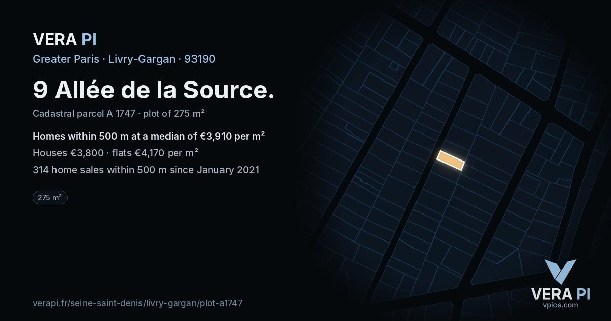 9 Allée de la Source, Livry-Gargan at night – the plot lit, the parcels around coloured by the prices near them