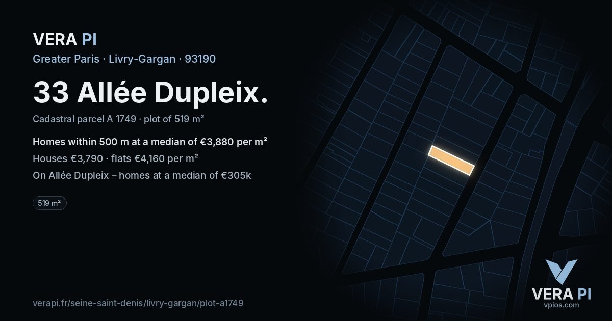 33 Allée Dupleix, Livry-Gargan at night – the plot lit, the parcels around coloured by the prices near them
