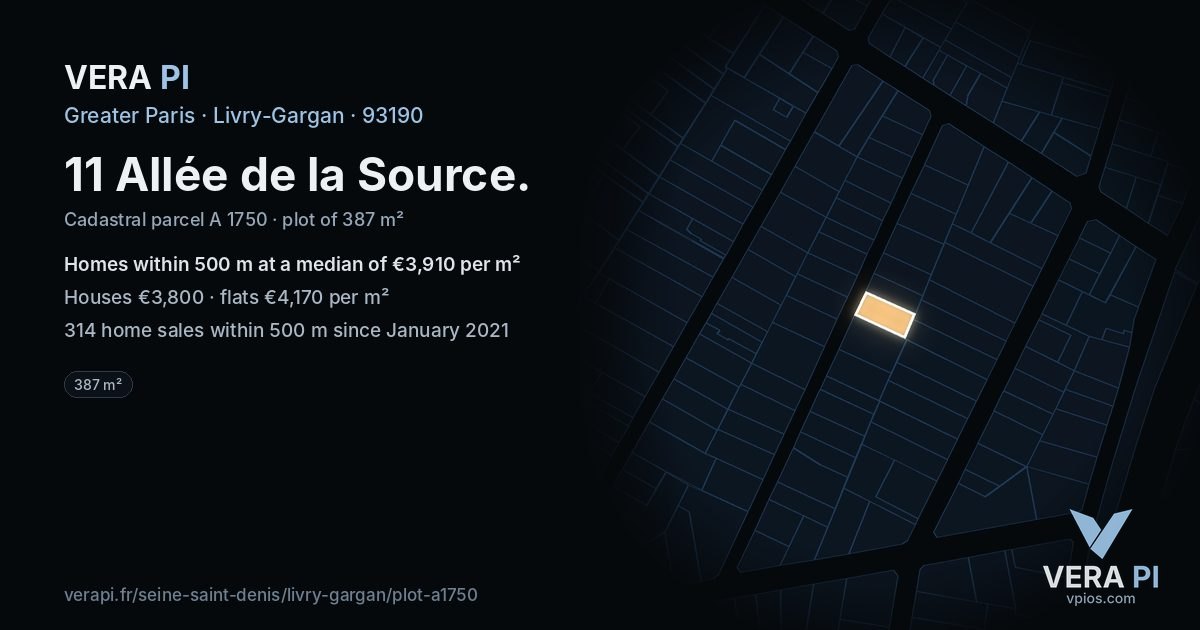 11 Allée de la Source, Livry-Gargan at night – the plot lit, the parcels around coloured by the prices near them