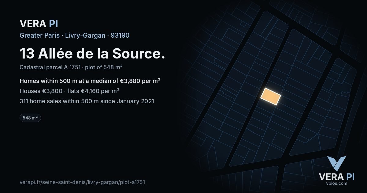 13 Allée de la Source, Livry-Gargan at night – the plot lit, the parcels around coloured by the prices near them