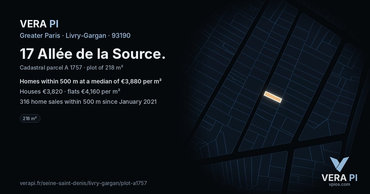 17 Allée de la Source, Livry-Gargan at night – the plot lit, the parcels around coloured by the prices near them