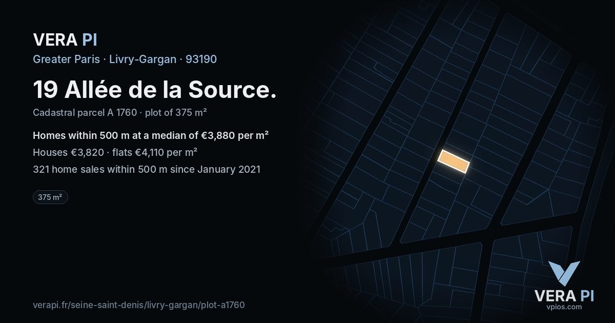 19 Allée de la Source, Livry-Gargan at night – the plot lit, the parcels around coloured by the prices near them