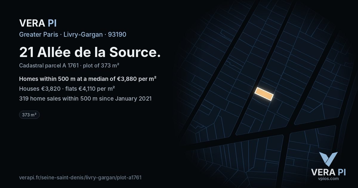 21 Allée de la Source, Livry-Gargan at night – the plot lit, the parcels around coloured by the prices near them
