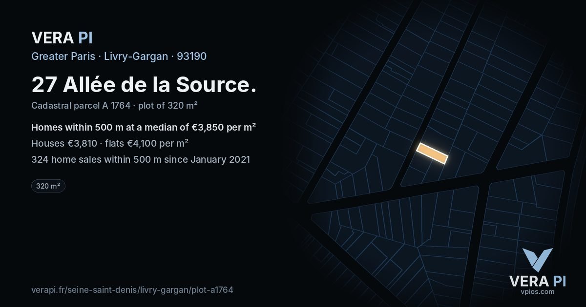 27 Allée de la Source, Livry-Gargan at night – the plot lit, the parcels around coloured by the prices near them