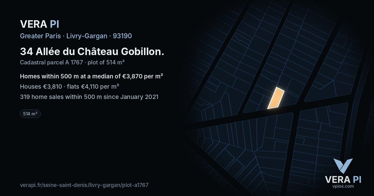 34 Allée du Château Gobillon, Livry-Gargan at night – the plot lit, the parcels around coloured by the prices near them