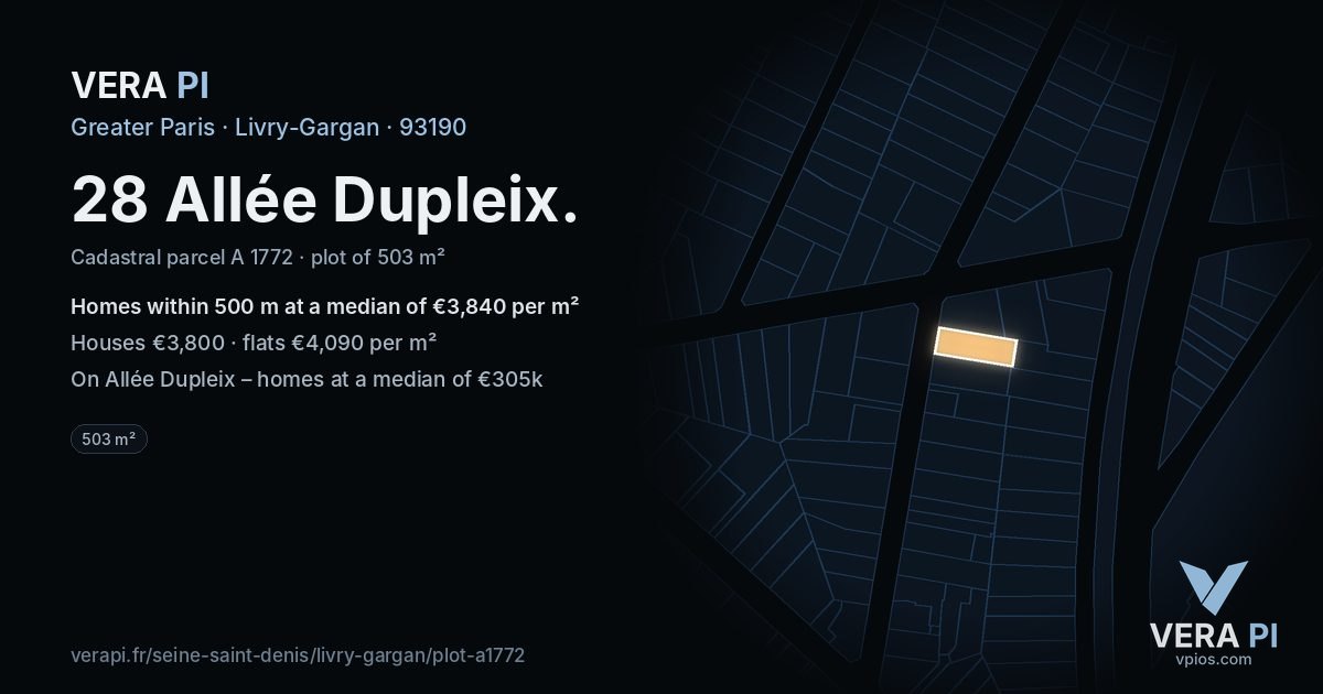 28 Allée Dupleix, Livry-Gargan at night – the plot lit, the parcels around coloured by the prices near them