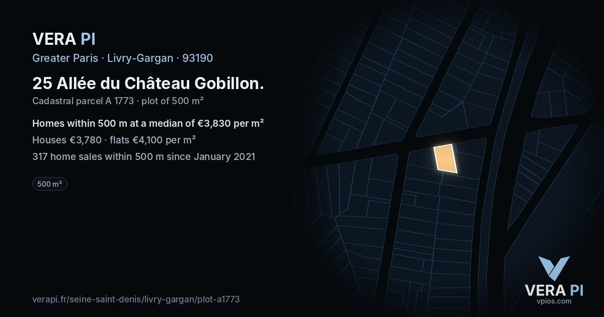 25 Allée du Château Gobillon, Livry-Gargan at night – the plot lit, the parcels around coloured by the prices near them