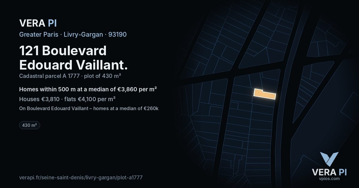 121 Boulevard Edouard Vaillant, Livry-Gargan at night – the plot lit, the parcels around coloured by the prices near them
