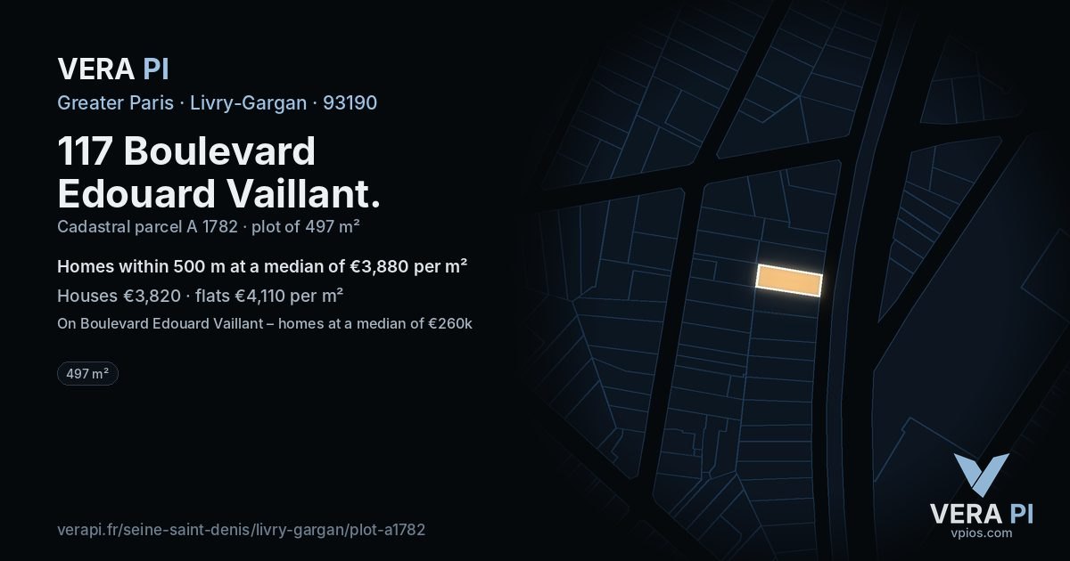117 Boulevard Edouard Vaillant, Livry-Gargan at night – the plot lit, the parcels around coloured by the prices near them