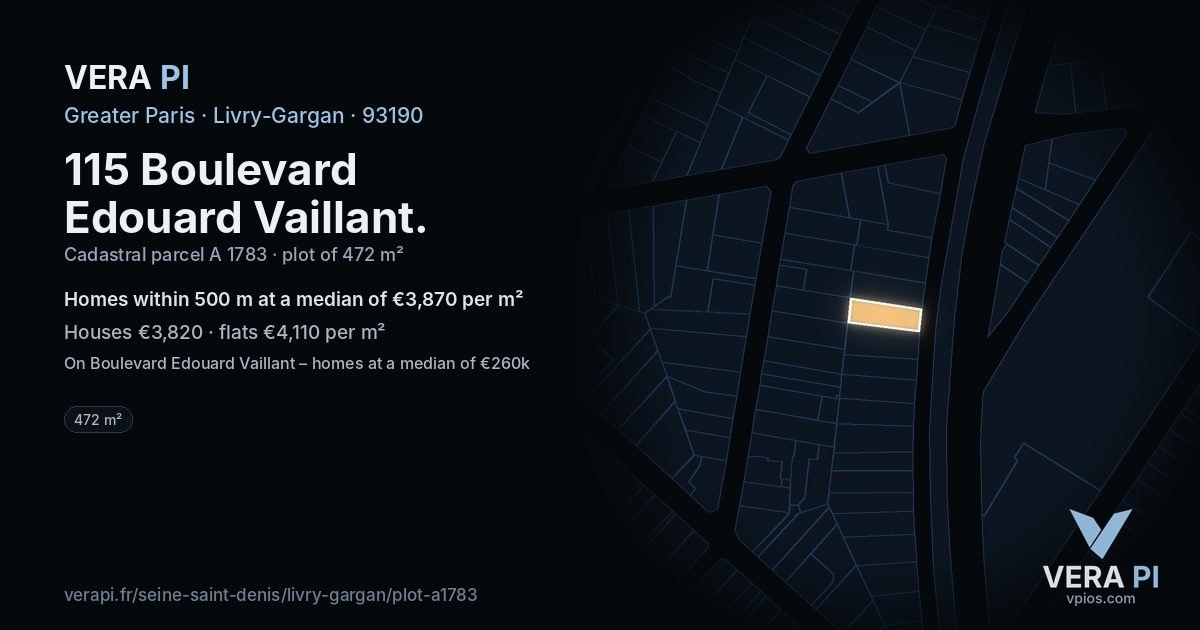 115 Boulevard Edouard Vaillant, Livry-Gargan at night – the plot lit, the parcels around coloured by the prices near them