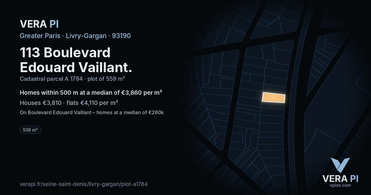 113 Boulevard Edouard Vaillant, Livry-Gargan at night – the plot lit, the parcels around coloured by the prices near them