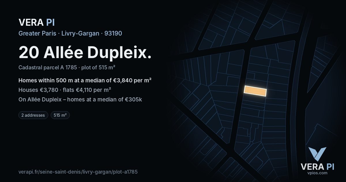 20 Allée Dupleix, Livry-Gargan at night – the plot lit, the parcels around coloured by the prices near them