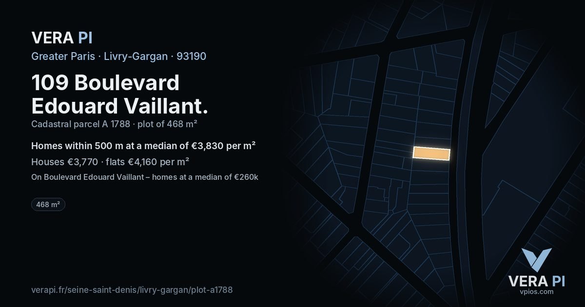 109 Boulevard Edouard Vaillant, Livry-Gargan at night – the plot lit, the parcels around coloured by the prices near them