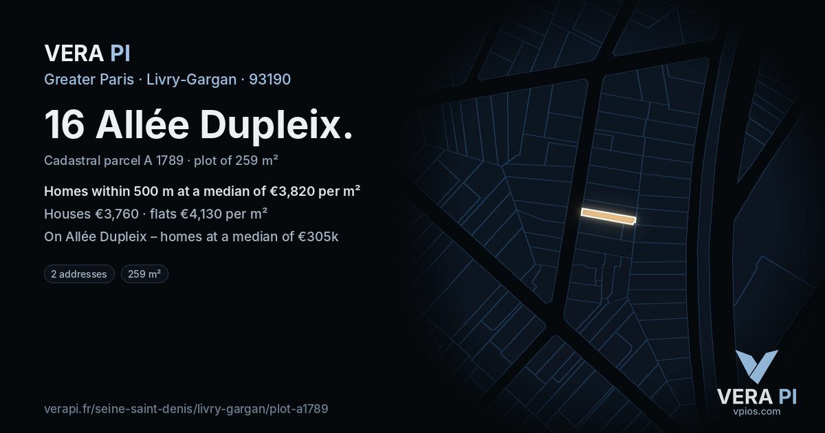 16 Allée Dupleix, Livry-Gargan at night – the plot lit, the parcels around coloured by the prices near them