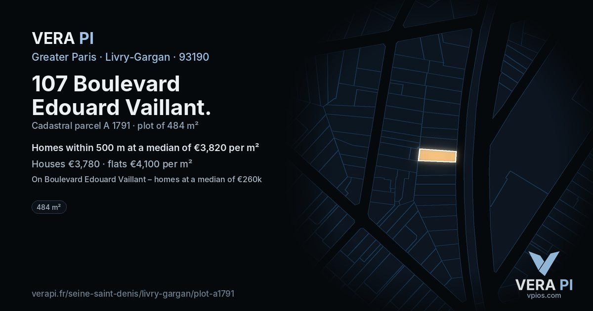 107 Boulevard Edouard Vaillant, Livry-Gargan at night – the plot lit, the parcels around coloured by the prices near them
