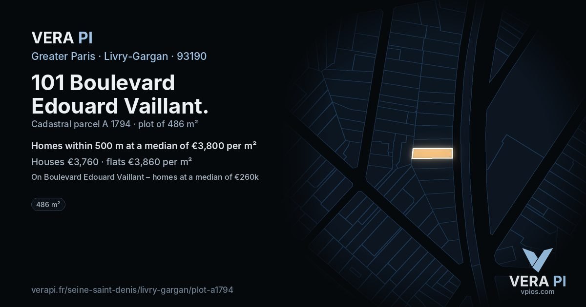 101 Boulevard Edouard Vaillant, Livry-Gargan at night – the plot lit, the parcels around coloured by the prices near them