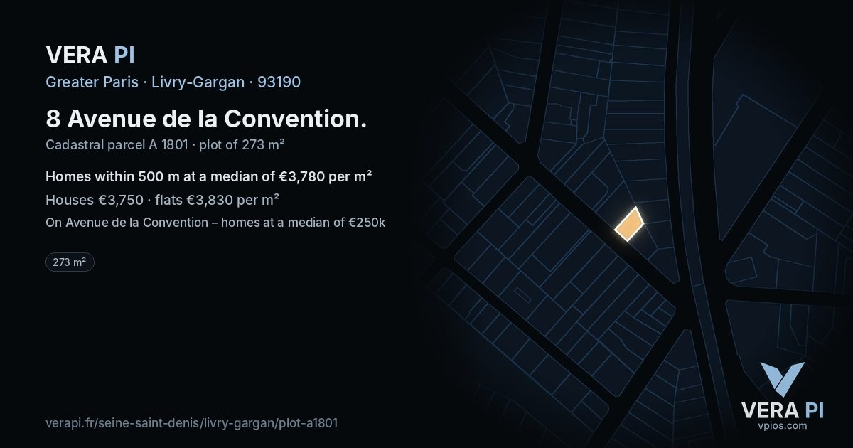 8 Avenue de la Convention, Livry-Gargan at night – the plot lit, the parcels around coloured by the prices near them