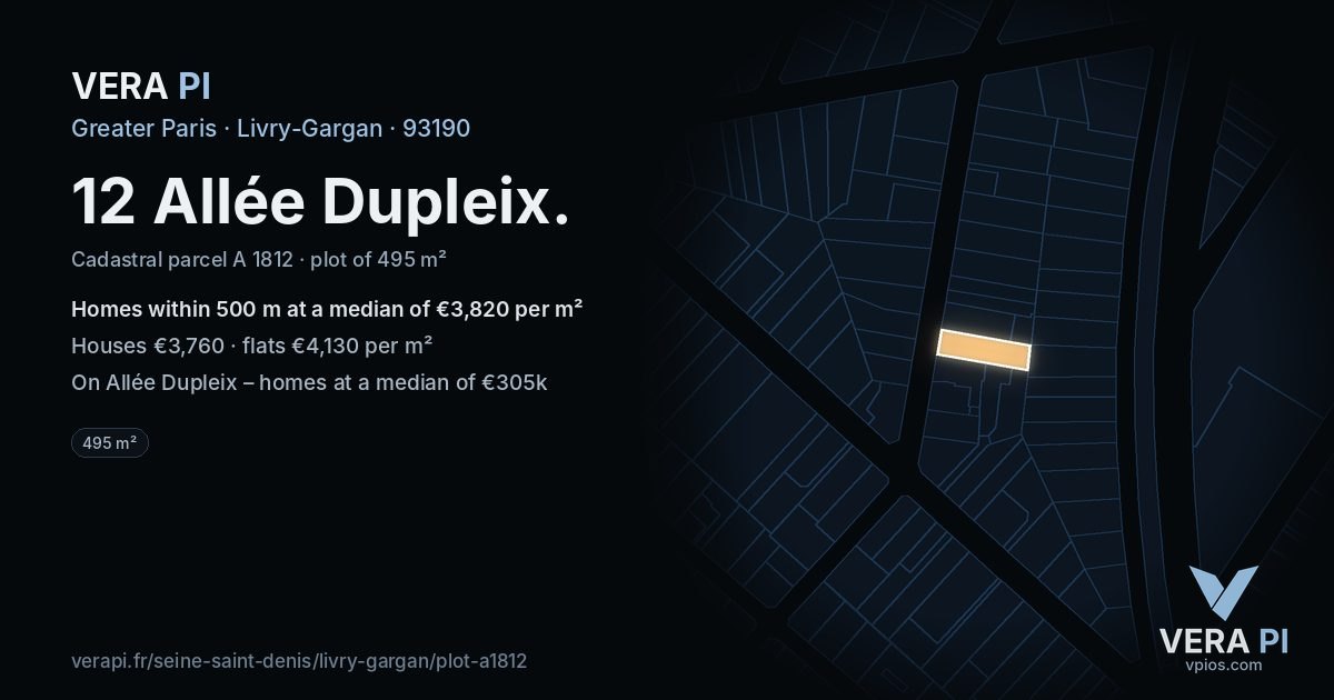12 Allée Dupleix, Livry-Gargan at night – the plot lit, the parcels around coloured by the prices near them