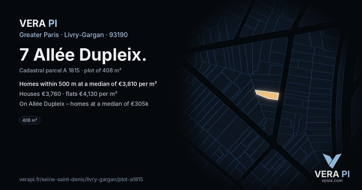 7 Allée Dupleix, Livry-Gargan at night – the plot lit, the parcels around coloured by the prices near them