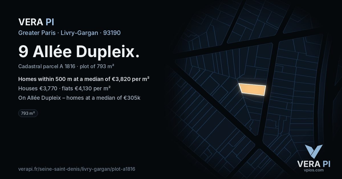 9 Allée Dupleix, Livry-Gargan at night – the plot lit, the parcels around coloured by the prices near them
