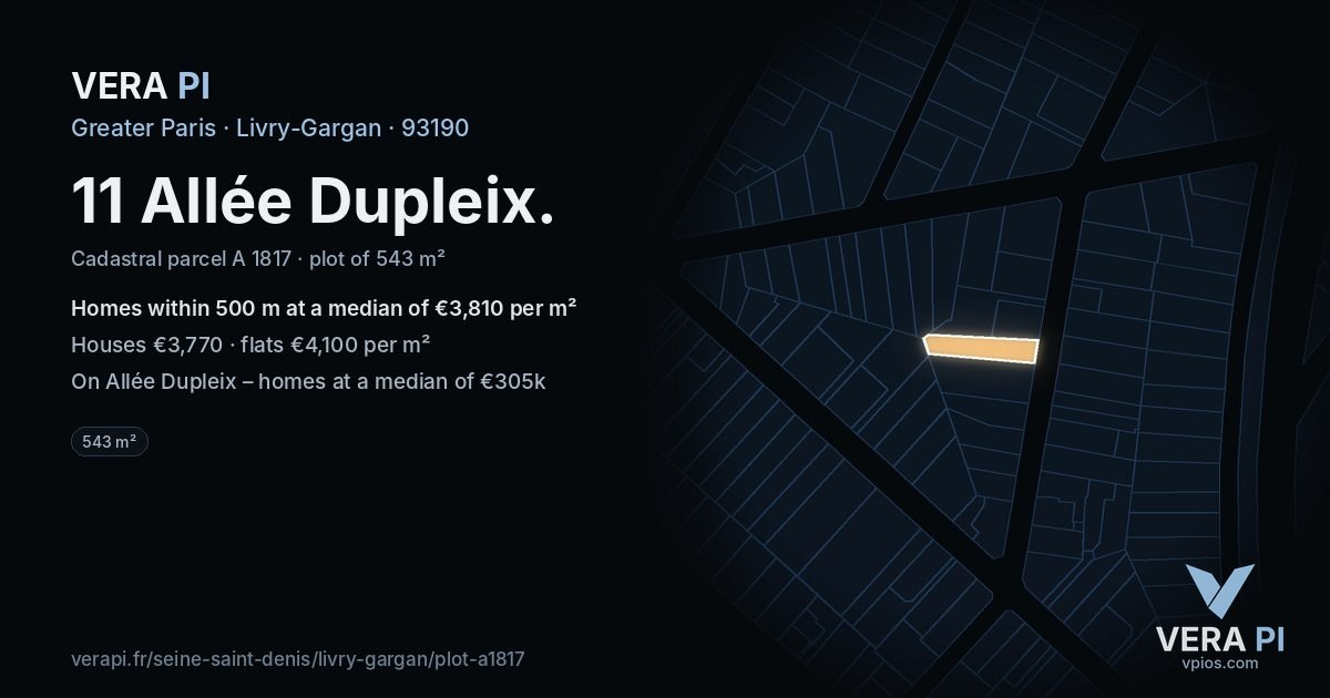 11 Allée Dupleix, Livry-Gargan at night – the plot lit, the parcels around coloured by the prices near them