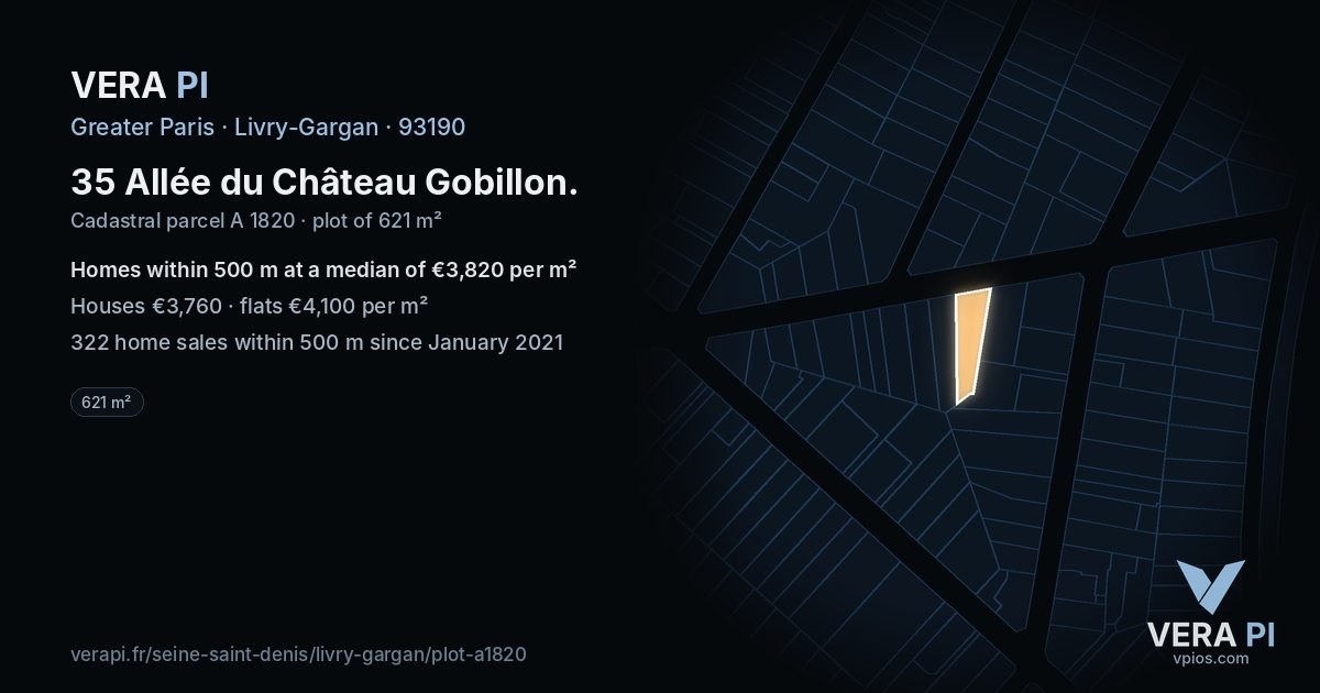 35 Allée du Château Gobillon, Livry-Gargan at night – the plot lit, the parcels around coloured by the prices near them