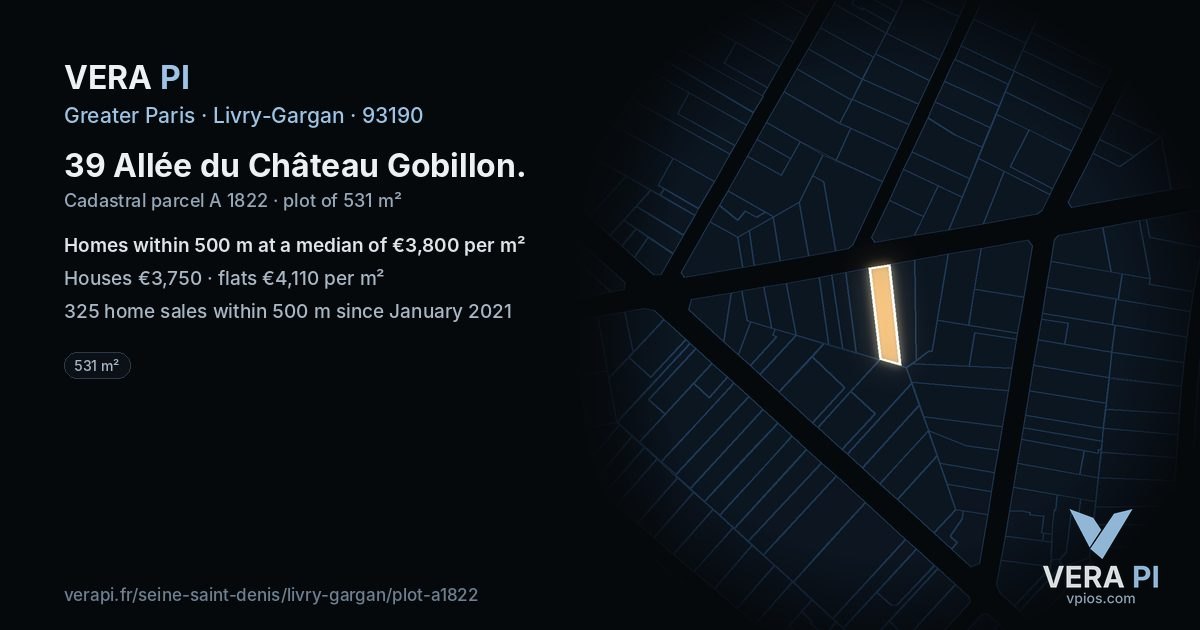 39 Allée du Château Gobillon, Livry-Gargan at night – the plot lit, the parcels around coloured by the prices near them