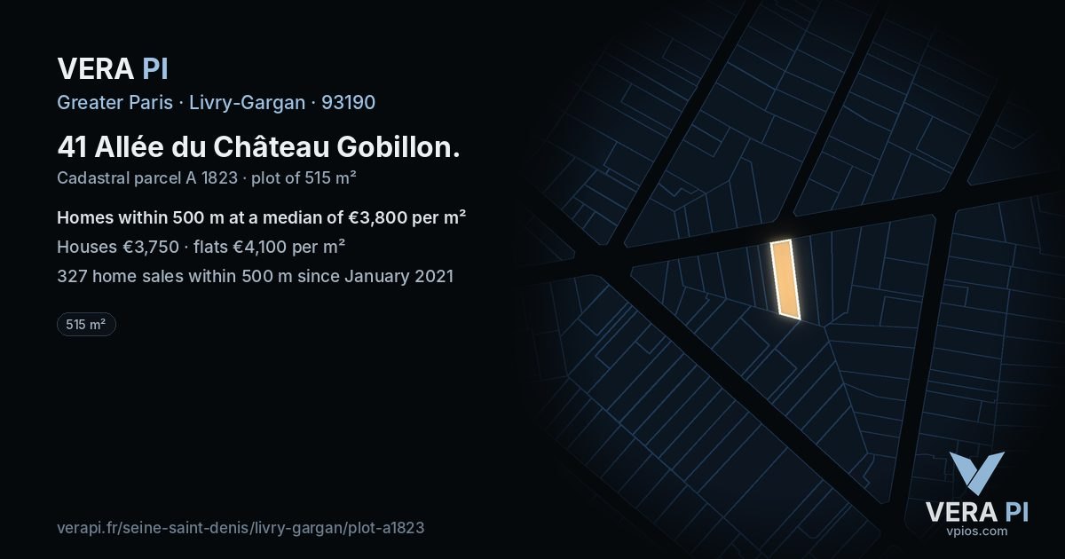 41 Allée du Château Gobillon, Livry-Gargan at night – the plot lit, the parcels around coloured by the prices near them