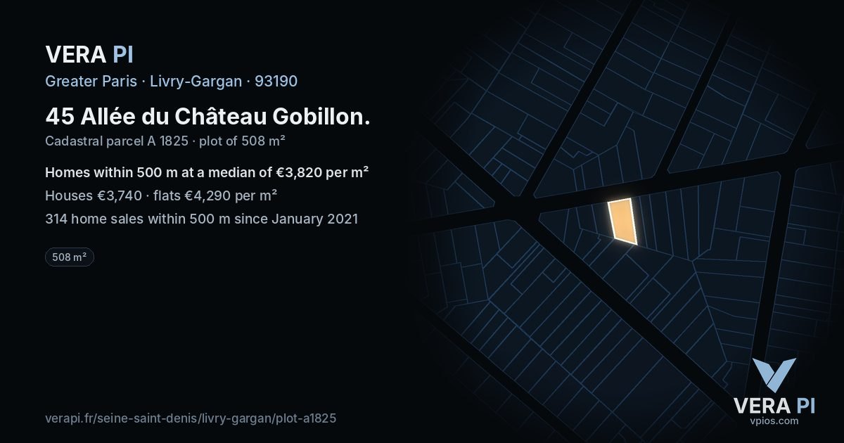 45 Allée du Château Gobillon, Livry-Gargan at night – the plot lit, the parcels around coloured by the prices near them