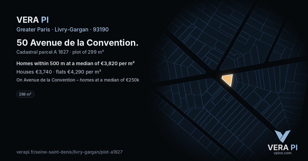 50 Avenue de la Convention, Livry-Gargan at night – the plot lit, the parcels around coloured by the prices near them