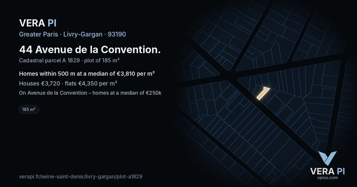 44 Avenue de la Convention, Livry-Gargan at night – the plot lit, the parcels around coloured by the prices near them